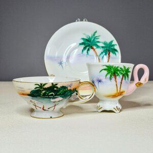 Vintage Flamingo Demitasse Cups & Saucer Set of 3, Kitschy Tropical Florida